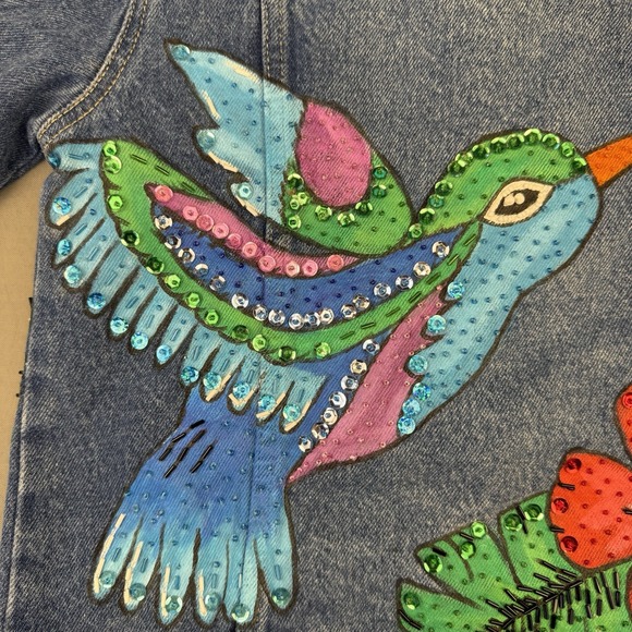 Ramona Hand Painted Embellished Denim Jean Jacket Womens Butterfly Hummingbird M - Picture 8 of 14